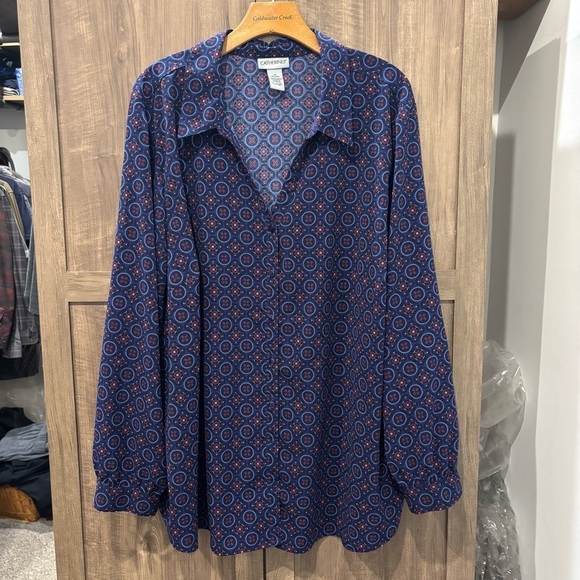 Catherines 3X Button Shirt Geometric Print Long sleeve Dark Blue - Picture 1 of 10